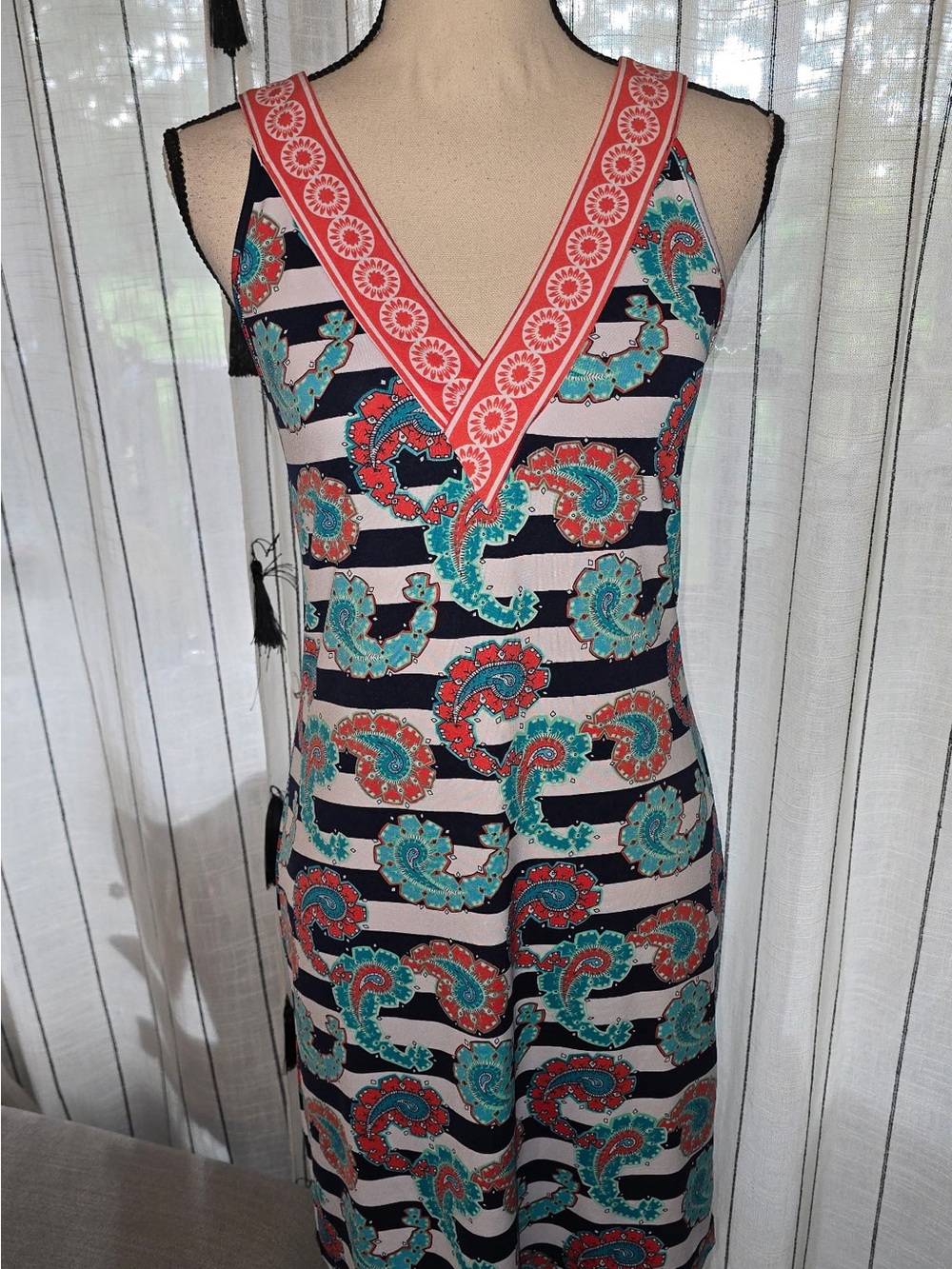 Tracy Negoshian Navy, Teal & Coral Paisley Stripe V‑Neck Mini Dress